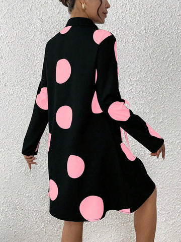 Stand Collar Polka Dot Decor Tie Closure Design Women's Dress