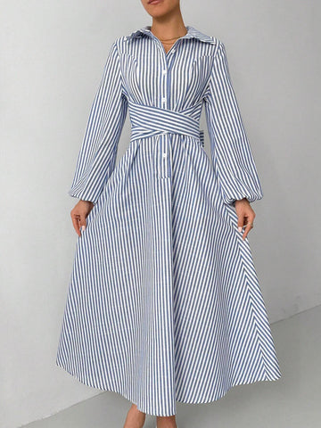 Striped Print Front Button Crossed Strap Casual Long Sleeve Dress