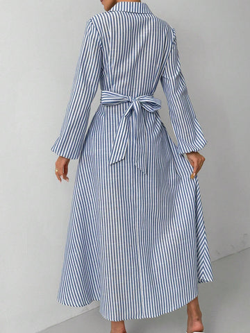 Striped Print Front Button Crossed Strap Casual Long Sleeve Dress