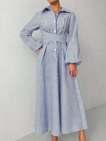 Striped Print Front Button Crossed Strap Casual Long Sleeve Dress