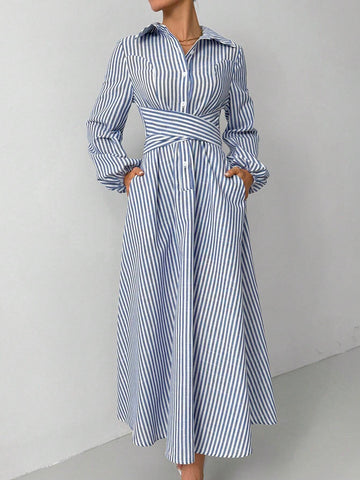 Striped Print Front Button Crossed Strap Casual Long Sleeve Dress