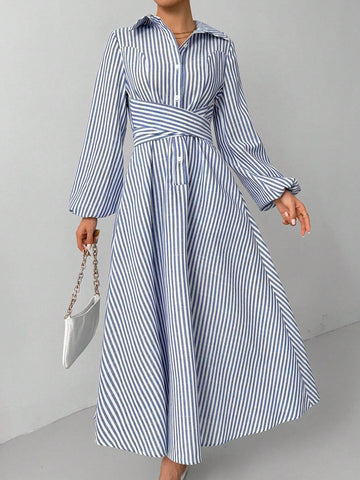 Striped Print Front Button Crossed Strap Casual Long Sleeve Dress