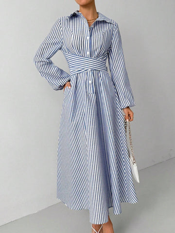 Striped Print Front Button Crossed Strap Casual Long Sleeve Dress