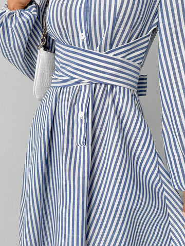 Striped Print Front Button Crossed Strap Casual Long Sleeve Dress