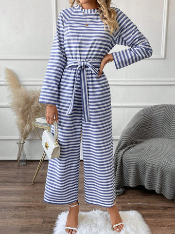 Striped Print Raglan Sleeve Belted Wide Leg Jumpsuit