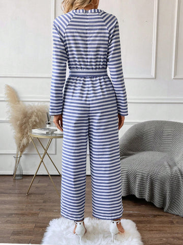 Striped Print Raglan Sleeve Belted Wide Leg Jumpsuit