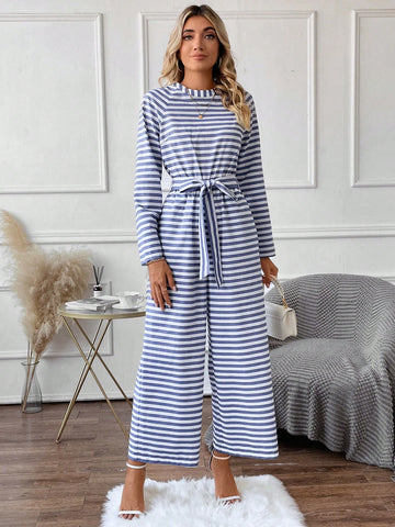 Striped Print Raglan Sleeve Belted Wide Leg Jumpsuit