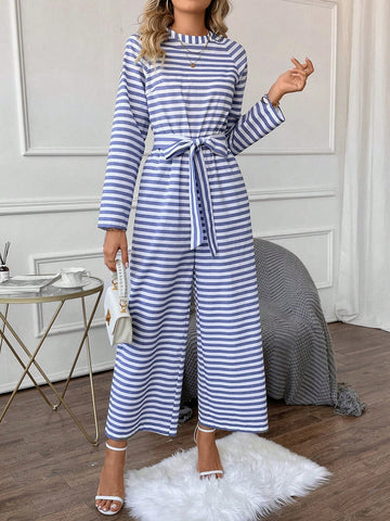 Striped Print Raglan Sleeve Belted Wide Leg Jumpsuit