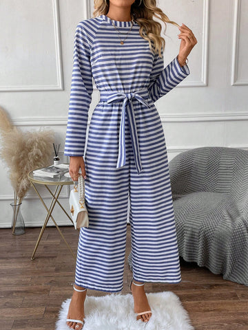 Striped Print Raglan Sleeve Belted Wide Leg Jumpsuit