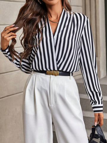 Striped Print Surplice Neck Blouse
