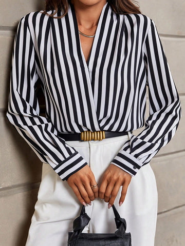 Striped Print Surplice Neck Blouse