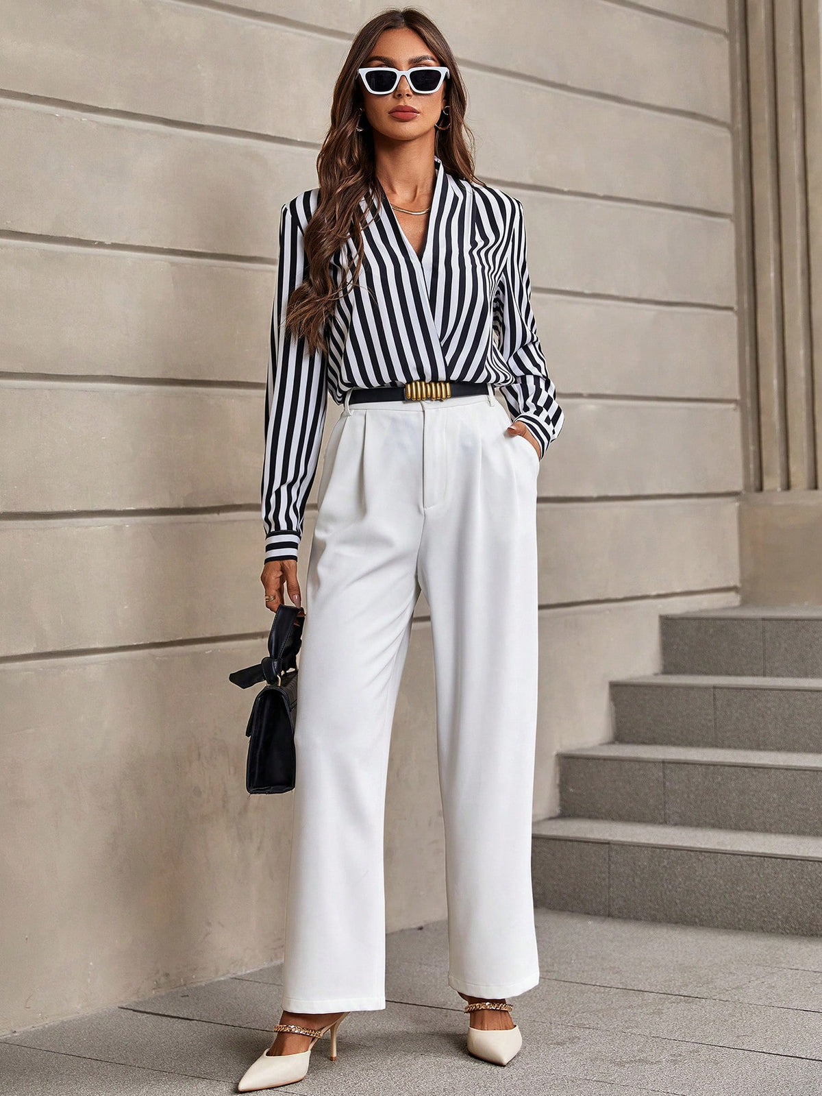 Striped Print Surplice Neck Blouse