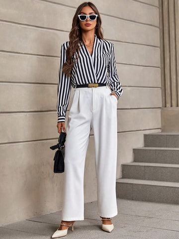Striped Print Surplice Neck Blouse