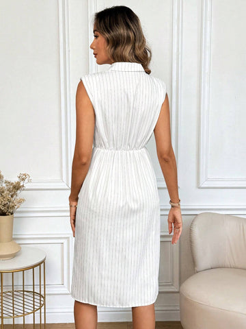 Striped Sleeveless Shoulder-Padded Women's Shirt Work Dress