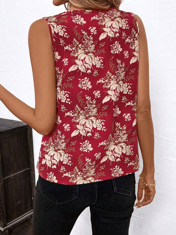 Clasi Summer/Spring Plant Printed Sleeveless V-Neck Slim-Fit Women's Blouse/Shirt