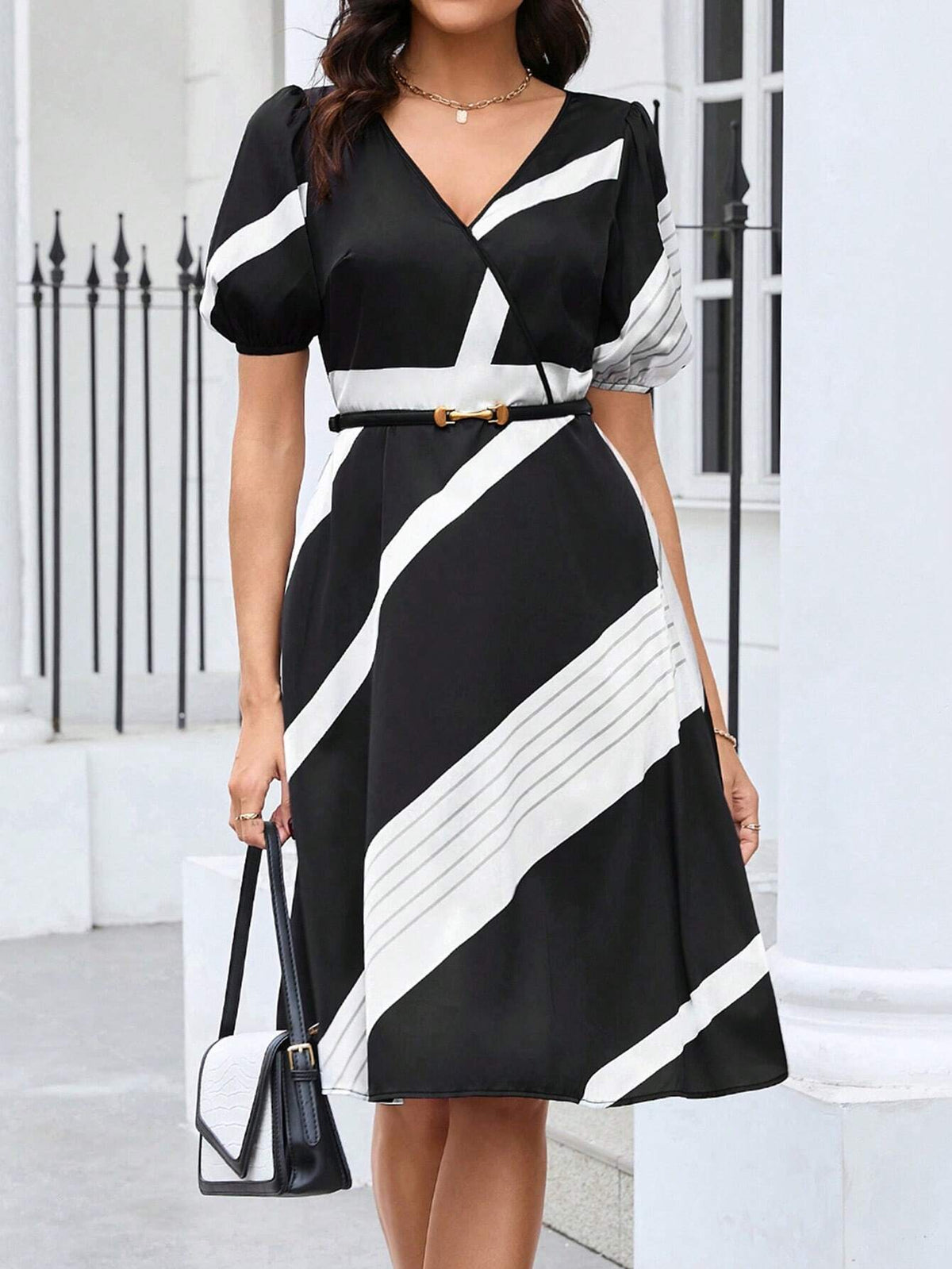 Summer Bubble Sleeve Color Block Wrap Style Midi Dress