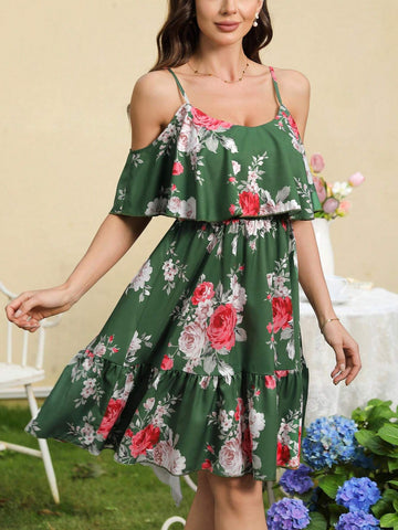Summer Casual Off Shoulder Neckline Floral Print Chiffon Dress