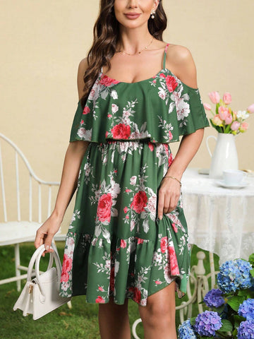 Summer Casual Off Shoulder Neckline Floral Print Chiffon Dress