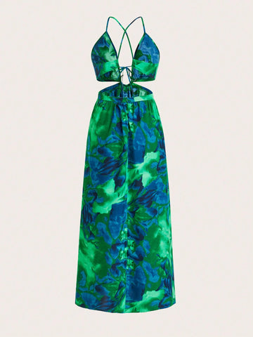 Summer Casual Tie-Dye & Hollow Out Design Random Print Spaghetti Straps Dress