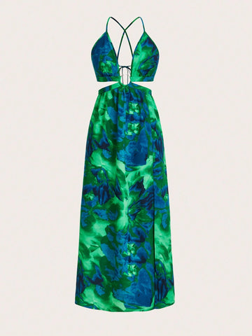 Summer Casual Tie-Dye & Hollow Out Design Random Print Spaghetti Straps Dress