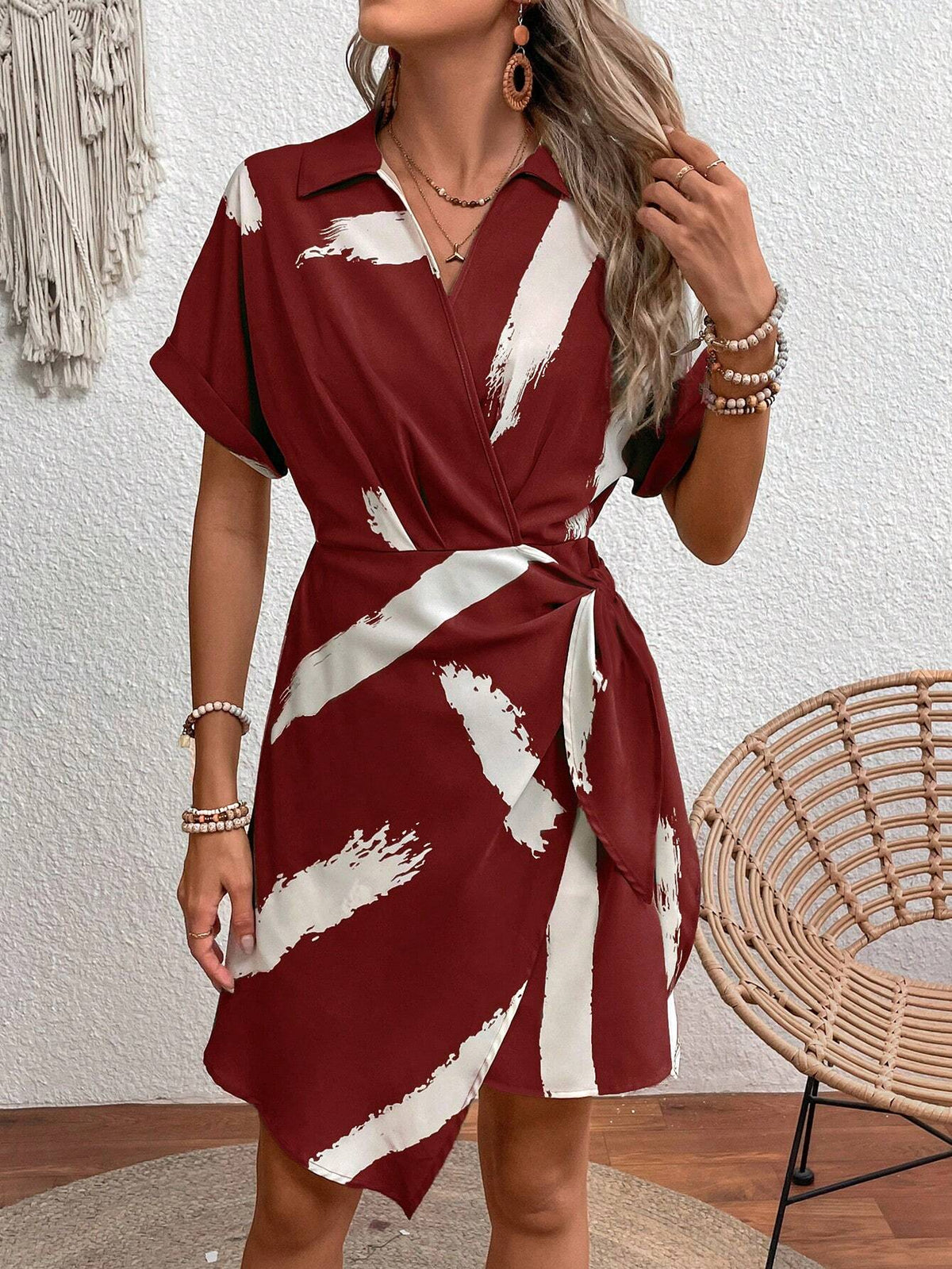Summer Elegant Short Sleeve Wraparound Allover Print Dress