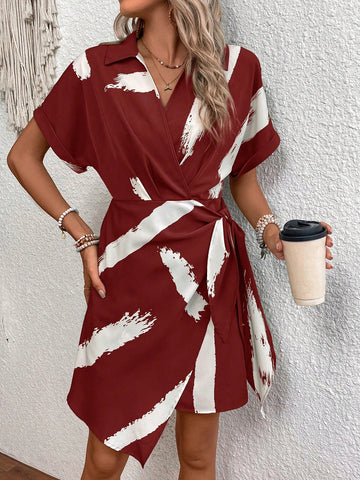 Summer Elegant Short Sleeve Wraparound Allover Print Dress