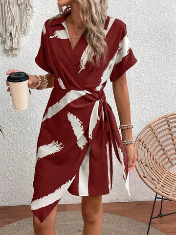 Summer Elegant Short Sleeve Wraparound Allover Print Dress