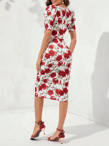 Summer Elegant Women's Bodycon Dress With Floral Bubble Sleeves