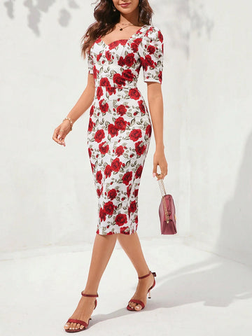 Summer Elegant Women's Bodycon Dress With Floral Bubble Sleeves