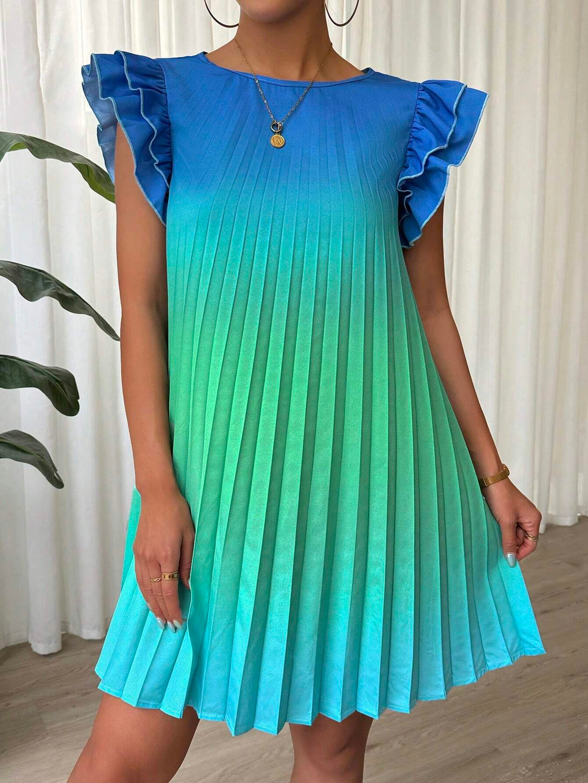 Summer Gradient Color Ruffled Pleated Dress