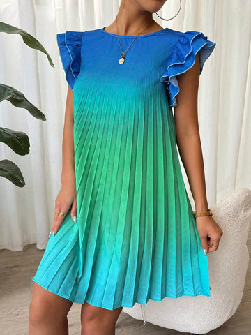 Summer Gradient Color Ruffled Pleated Dress