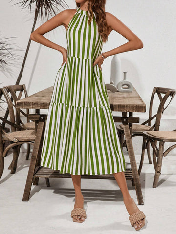 Summer Halter Colorful Striped A-Line Dress For Women