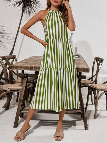 Summer Halter Colorful Striped A-Line Dress For Women