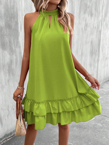 Summer Halter Neck Tie-Waist Butterfly Knot Detail Ruffled Hem Dress