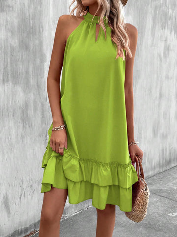 Summer Halter Neck Tie-Waist Butterfly Knot Detail Ruffled Hem Dress