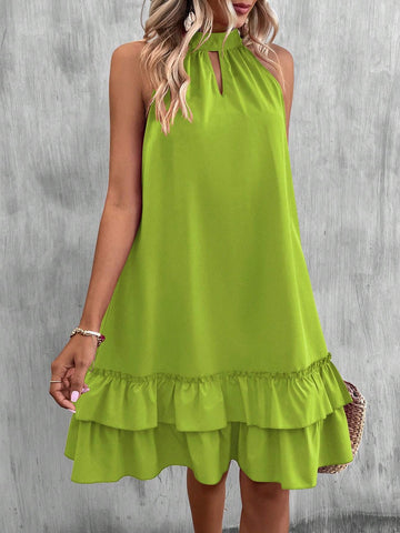 Summer Halter Neck Tie-Waist Butterfly Knot Detail Ruffled Hem Dress
