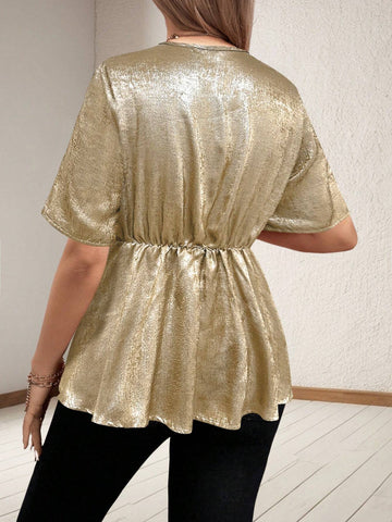 Clasi Summer Metallic Short Sleeve Shirt With Drawstring Waist