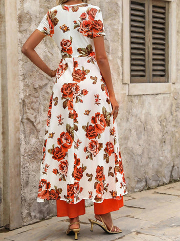 Summer Printed Patchwork Solid Color Round Neck Short Sleeve Top And Wide Leg Pants Set, Suitable For Daily Wear And Traveling