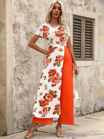 Summer Printed Patchwork Solid Color Round Neck Short Sleeve Top And Wide Leg Pants Set, Suitable For Daily Wear And Traveling