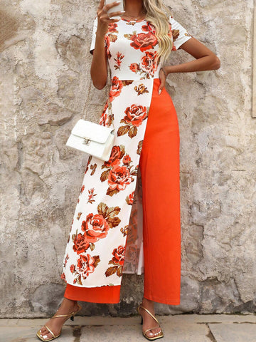 Summer Printed Patchwork Solid Color Round Neck Short Sleeve Top And Wide Leg Pants Set, Suitable For Daily Wear And Traveling