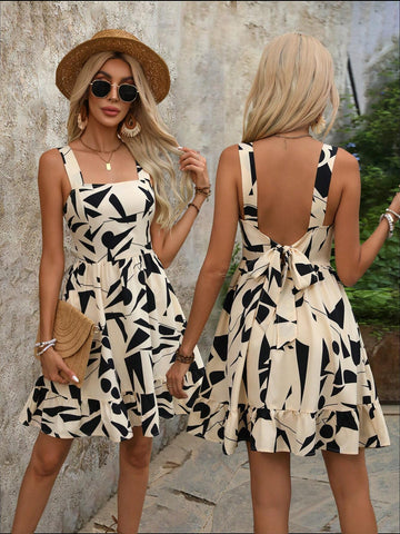 Summer Sexy A-Line Backless Tie-Back Allover Print Dress