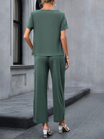 Summer Two Piece Outfits Women'S Swing Collar Short Sleeve T-Shirt And Pants Two-Piece Set