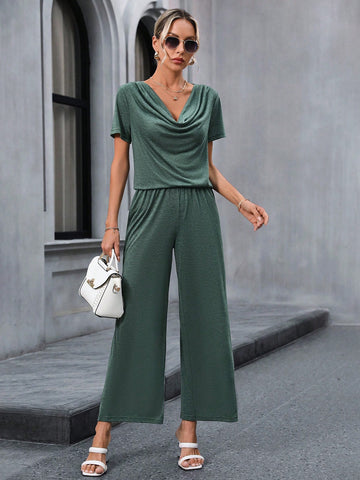 Summer Two Piece Outfits Women'S Swing Collar Short Sleeve T-Shirt And Pants Two-Piece Set