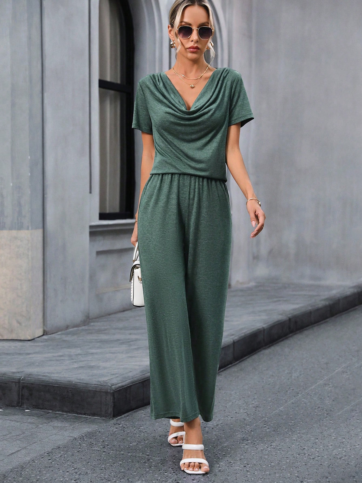 Summer Two Piece Outfits Women'S Swing Collar Short Sleeve T-Shirt And Pants Two-Piece Set