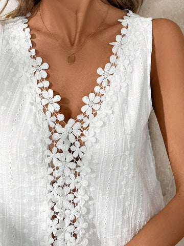 Summer White Elegant & Romantic Embroidered & Lace Fabric Splicing V-Neck Sleeveless Bodysuit For Women