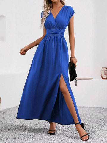 Summer Women's Solid Color Overlap V-Neck Short Sleeve Slit Hem Long Dress