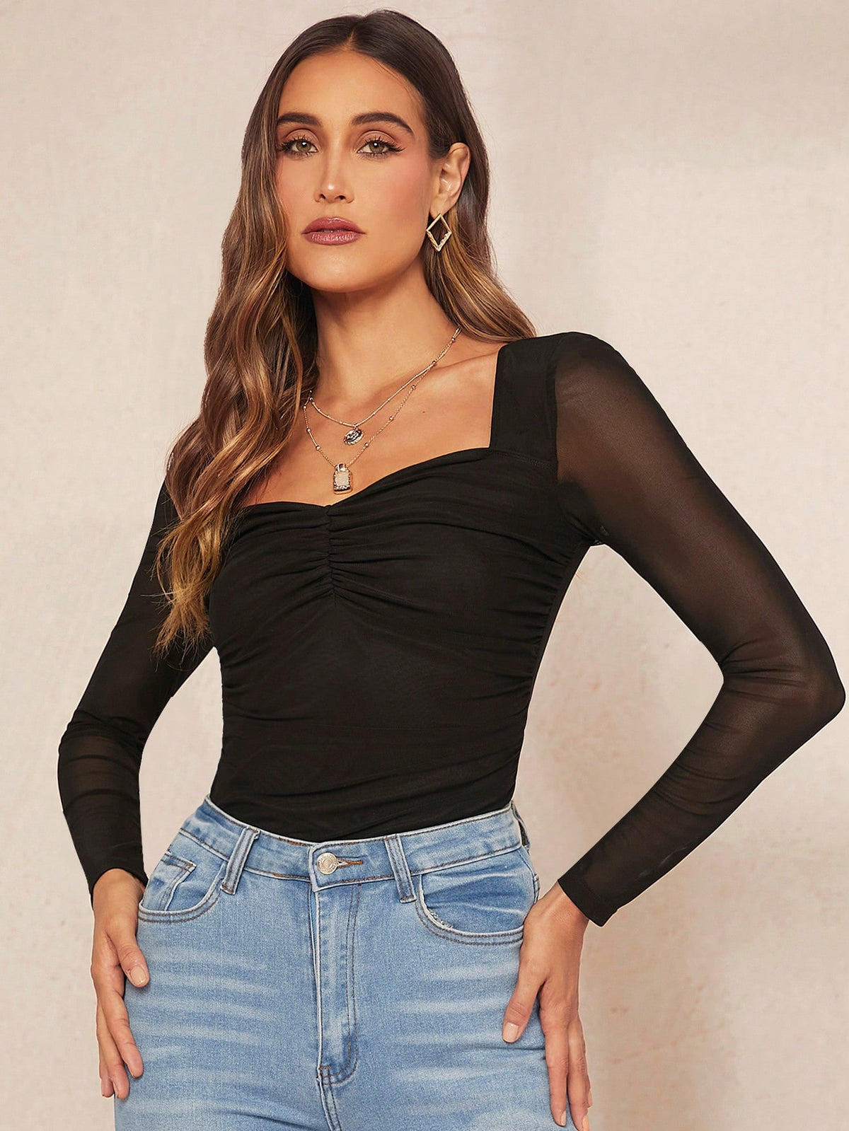 Sweetheart Neck Ruched Mesh Sleeve Top