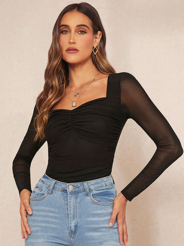 Sweetheart Neck Ruched Mesh Sleeve Top