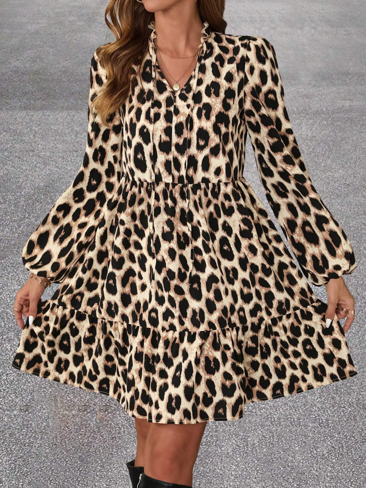 Urban Chic Animal Print V-Neck Lantern Sleeve Loose Casual Mini Skirt, Autumn/Winter