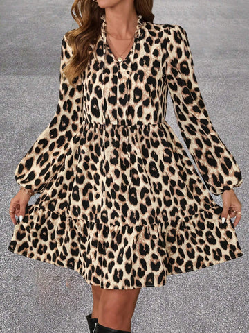 Urban Chic Animal Print V-Neck Lantern Sleeve Loose Casual Mini Skirt, Autumn/Winter